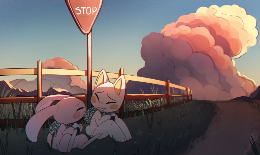 1boy 1girl ^_^ animal_ears blush_stickers cat_boy cat_ears chibikemo closed_eyes clouds commentary digitigrade doko_demo_issyo english_commentary fence food furry furry_female furry_male grass green_bag highres holding holding_food inoue_toro mihara_jun onigiri outdoors pink_fur rabbit_ears rabbit_girl rabbit_tail road_sign short_tail sign signature sitting sky stop_sign tail white_fur wolfaroon