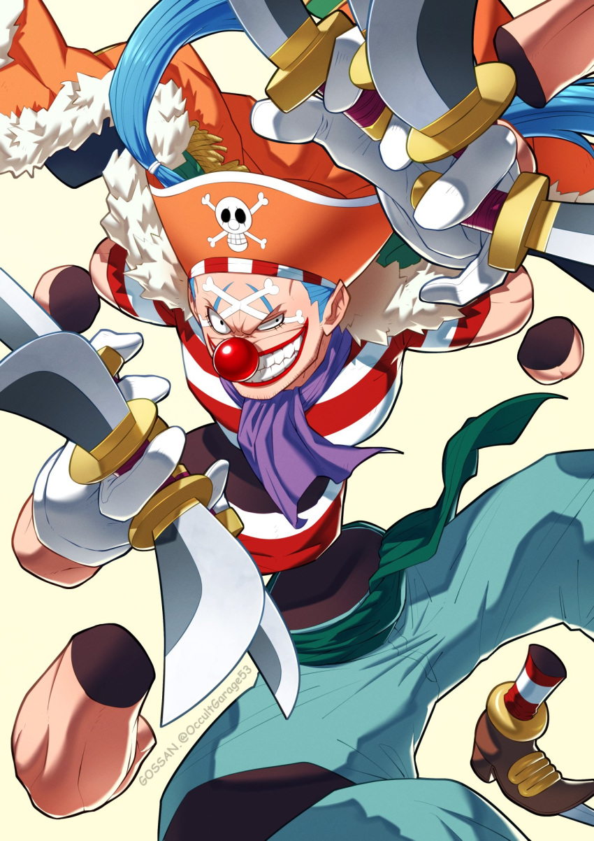1boy artist_name baggy_pants bare_arms between_fingers blue_hair buggy_the_clown clown_nose coat coat_on_shoulders disembodied_limb disembodied_torso evil_grin evil_smile floating floating_hair fur_trim gloves gossan grin half-closed_eye hat highres holding holding_weapon lipstick long_hair looking_at_viewer makeup male_focus multiple_wielding one_piece pants pirate pirate_hat red_nose scarf shirt shoes short_sleeves simple_background skull_and_crossbones smile socks solo striped striped_legwear striped_shirt teeth twintails twitter_username v-shaped_eyebrows vertical-striped_shirt vertical_stripes very_long_hair weapon yellow_eyes