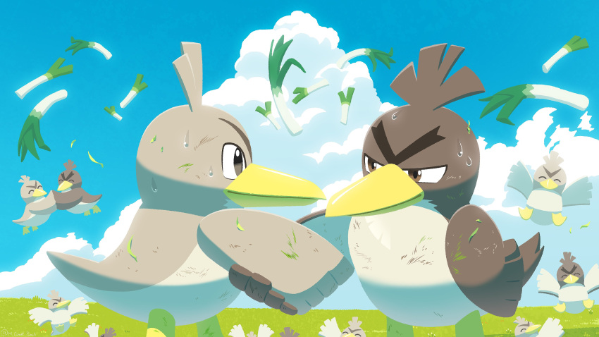 absurdres brown_eyes clouds commentary_request day farfetch'd galarian_farfetch'd handshake highres komepan leaf no_humans outdoors pokemon pokemon_(creature) scratches sky sweat