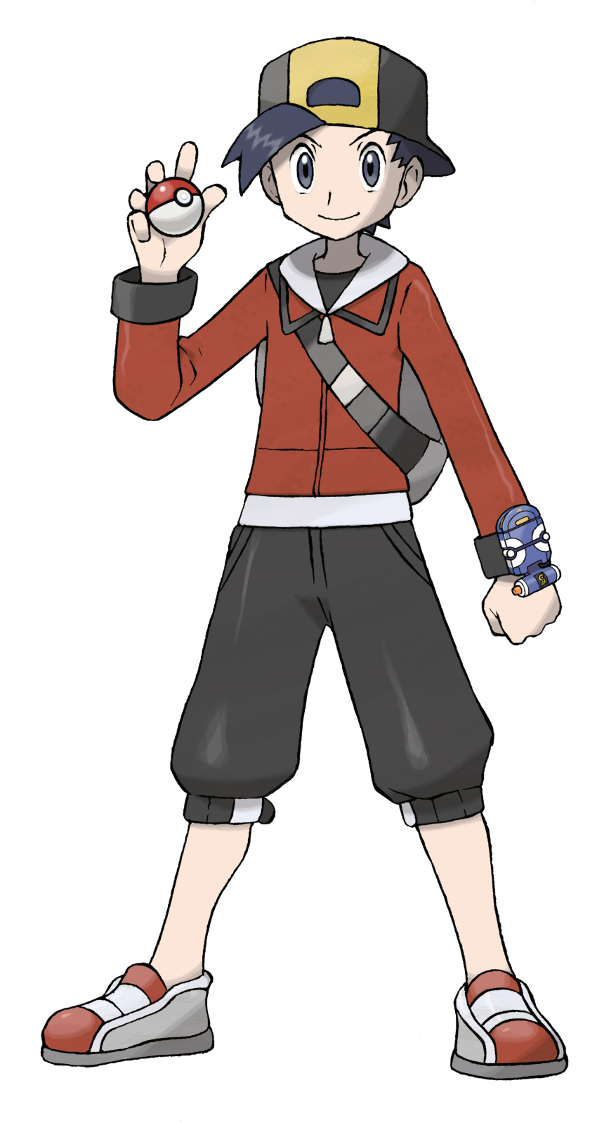 1boy absurdres backpack backwards_hat bag baseball_cap black_hair black_pants capri_pants clenched_hand closed_mouth ethan_(pokemon) full_body grey_bag grey_eyes hand_up hat highres holding holding_poke_ball jacket legs_apart long_sleeves male_focus official_art pants poke_ball poke_ball_(basic) pokemon pokemon_(game) pokemon_hgss red_jacket shirt shoes short_hair smile solo standing strap sugimori_ken transparent_background zipper_pull_tab