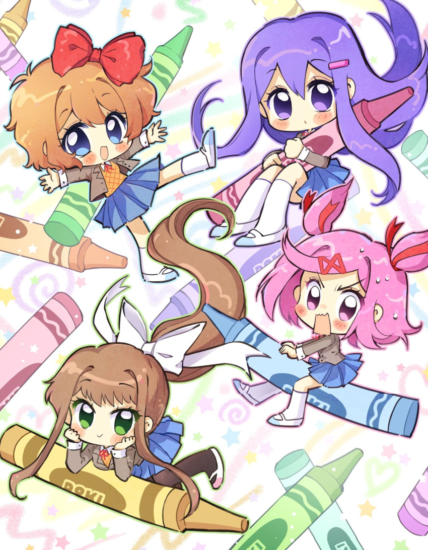 4girls black_pantyhose blue_eyes blue_skirt blush bow brown_hair chibi chibi_only closed_mouth cover_image crayon doki_doki_literature_club doki_doki_literature_club_school_uniform dot_mouth eyelashes floating_hair green_eyes grey_jacket hair_bow hair_ornament hair_ribbon hairclip head_rest heart highres holding holding_crayon jacket long_hair long_sleeves merchandise_available monika_(doki_doki_literature_club) multiple_girls natsuki_(doki_doki_literature_club) neck_ribbon oceaninspace official_art open_clothes open_jacket open_mouth orange_sweater_vest outstretched_arms pantyhose pink_eyes pink_hair ponytail purple_hair red_bow red_ribbon ribbon sayori_(doki_doki_literature_club) school_uniform shoes short_hair sidelocks skirt smile socks spread_arms star_(symbol) sweat sweater_vest two_side_up v-shaped_eyebrows violet_eyes white_ribbon white_shoes white_socks yuri_(doki_doki_literature_club)