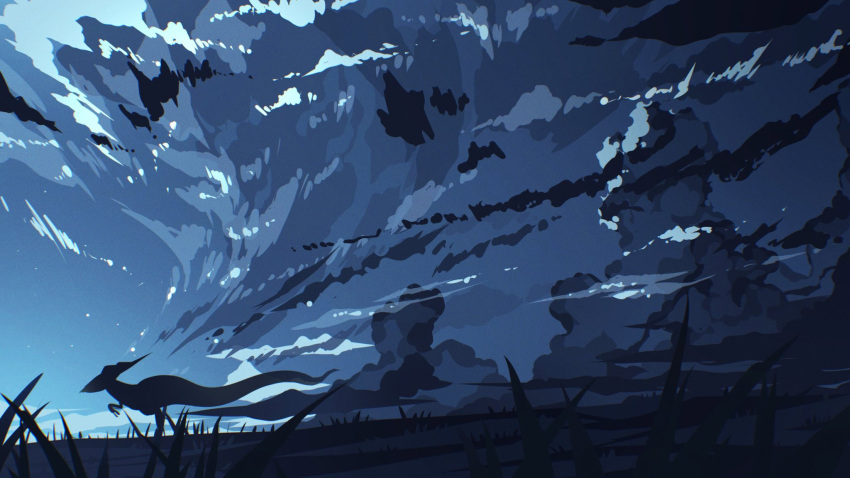 clouds commentary_request dragapult floating grass highres mo_(smileomoti) night no_humans outdoors pokemon pokemon_(creature) silhouette sky solo