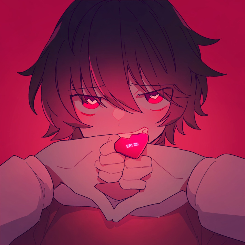 1boy brown_hair candy chariki eat_me food heart heart-shaped_pupils highres konnan_arika long_sleeves male_focus pink_background pink_eyes shikuhakku short_hair solo symbol-shaped_pupils virtual_youtuber yandere