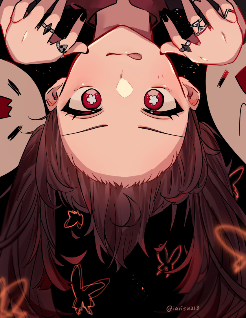 1girl black_background black_nails blush brown_hair flower-shaped_pupils genshin_impact ghost highres hu_tao_(genshin_impact) iarisu213 jewelry looking_at_viewer red_eyes ring simple_background symbol-shaped_pupils tongue tongue_out twitter_username upside-down