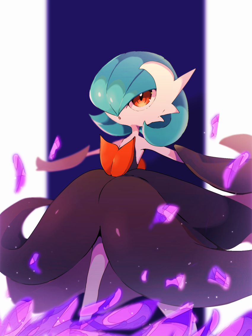 1girl alternate_color arms_up aura bangs bare_shoulders black_dress black_gloves blue_background blue_hair blurry bob_cut colored_skin commentary_request depth_of_field dress elbow_gloves flat_chest gardevoir gloves hair_over_one_eye highres kanoi_70 mega_gardevoir mega_pokemon one_eye_covered open_mouth orange_eyes outstretched_arms pokemon pokemon_(creature) shiny_pokemon short_hair simple_background solo standing strapless strapless_dress white_skin