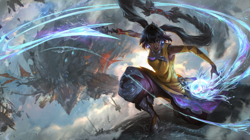 1girl absurdres bangs black_hair breasts dark-skinned_female dark_skin detached_sleeves dragon dress earrings gloves glowing glowing_eyes highres holding holding_weapon jewelry league_of_legends long_hair medium_breasts monster nilah_(league_of_legends) official_art one_knee open_mouth orb outdoors puffy_pants rain sharp_teeth ship smile solo_focus teeth twintails upper_teeth water watercraft weapon yellow_dress