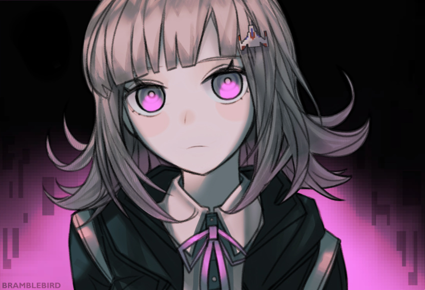 1girl bangs black_background black_jacket blunt_bangs brown_hair closed_mouth collared_shirt commentary_request danganronpa_(series) danganronpa_2:_goodbye_despair frown galaga grey_shirt hair_ornament hood hood_down jacket kky medium_hair nanami_chiaki neck_ribbon open_clothes open_jacket pink_background pink_eyes pink_ribbon portrait ribbon shiny shiny_hair shirt solo