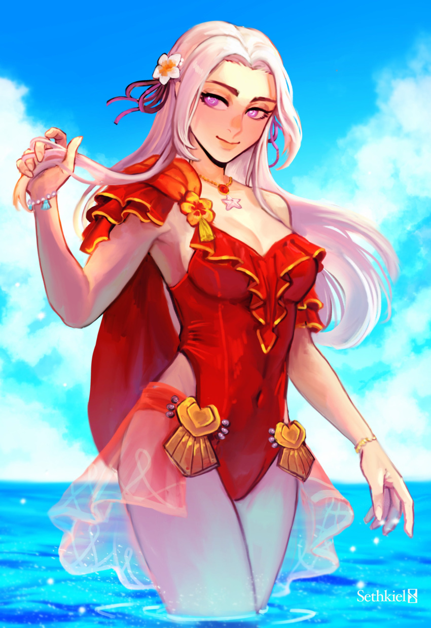 1girl absurdres blush cape casual_one-piece_swimsuit closed_mouth cute edelgard_von_hresvelg fire_emblem fire_emblem:_three_houses fire_emblem_heroes hair_ornament hair_ribbon highres intelligent_systems long_hair looking_at_viewer nintendo one-piece_swimsuit red_cape ribbon sethkiel smile solo super_smash_bros. swimsuit uniform violet_eyes walking_on_liquid walking_on_water water white_hair