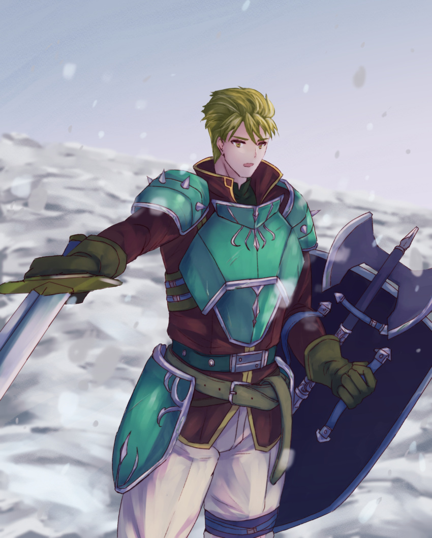 1boy armor axe bangs belt blonde_hair cowboy_shot fire_emblem fire_emblem:_the_blazing_blade gloves grey_gloves harken_(fire_emblem) highres holding holding_shield holding_sword holding_weapon long_sleeves looking_at_viewer male_focus open_mouth outdoors pants pauldrons pomodoro_(po) purple_shirt shield shirt short_hair shoulder_armor snow solo spiked_pauldrons standing sword weapon white_pants yellow_eyes