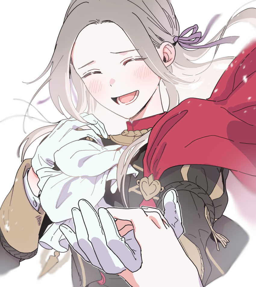 1girl ^_^ ^o^ ascot black_jacket blonde_hair blush cape closed_eyes commentary edelgard_von_hresvelg facing_viewer fire_emblem fire_emblem:_three_houses garreg_mach_monastery_uniform gemtaku gloves hair_ribbon hand_up highres holding_hands jacket long_hair long_sleeves open_mouth out_of_frame pov pov_hands red_cape ribbon simple_background smile solo_focus symbol-only_commentary upper_body white_ascot white_background white_gloves