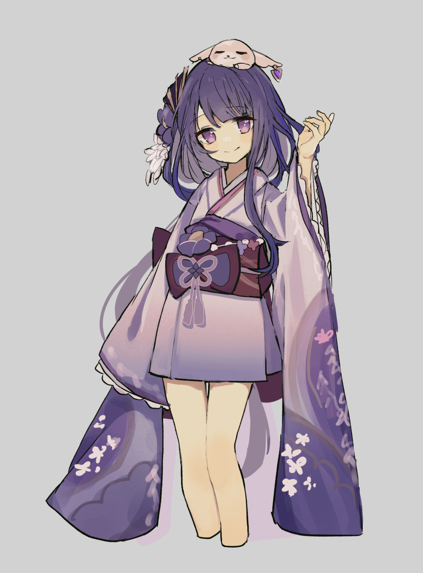 1225ka 1girl alternate_form animal animal_on_head bangs blunt_bangs blush child closed_mouth commentary_request cropped_legs earrings floral_print fox genshin_impact grey_background hair_ornament highres japanese_clothes jewelry kimono long_hair long_sleeves obi obiage obijime on_head purple_hair purple_kimono raiden_shogun sash sidelocks simple_background smile solo violet_eyes wide_sleeves yae_miko yae_miko_(fox) younger