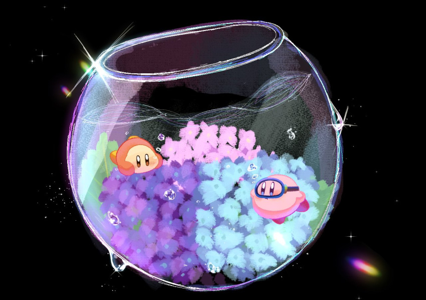 blue_flower blush bowl bubble commentary diving diving_mask flower glint goggles hydrangea kirby kirby_(series) leaf no_humans pink_flower purple_flower sparkle waddle_dee water water_drop yuzuriha_yuki