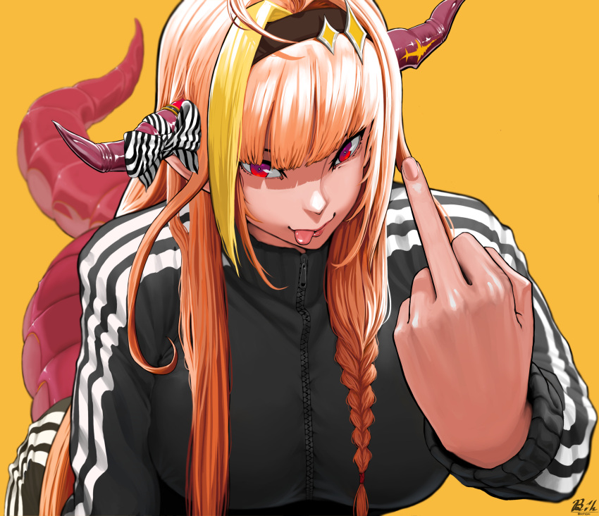 1girl absurdres bangs black_hairband blonde_hair blunt_bangs bow braid bright_pupils dragon_girl dragon_horns dragon_tail fingernails hachijuu hairband highres hololive horn_bow horn_ornament horns kiryu_coco long_hair looking_at_viewer middle_finger multicolored_hair orange_background orange_hair purple_horns red_eyes red_tail simple_background solo streaked_hair striped striped_bow tail virtual_youtuber white_bow white_pupils zipper zipper_pull_tab