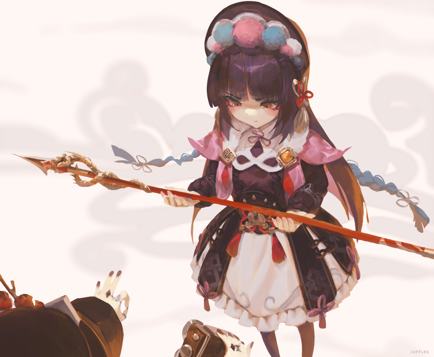 1girl 1other absurdres bangs black_dress black_hair black_headwear black_legwear blunt_bangs blunt_ends braid chinese_knot closed_mouth commentary dress english_commentary feet_out_of_frame foreshortening genshin_impact hat highres holding holding_polearm holding_weapon juffles layered_dress lolita_fashion long_sleeves looking_at_object looking_down out_of_frame pantyhose polearm pom_pom_(clothes) qi_lolita red_eyes spear standing tassel twin_braids vision_(genshin_impact) weapon yun_jin_(genshin_impact)