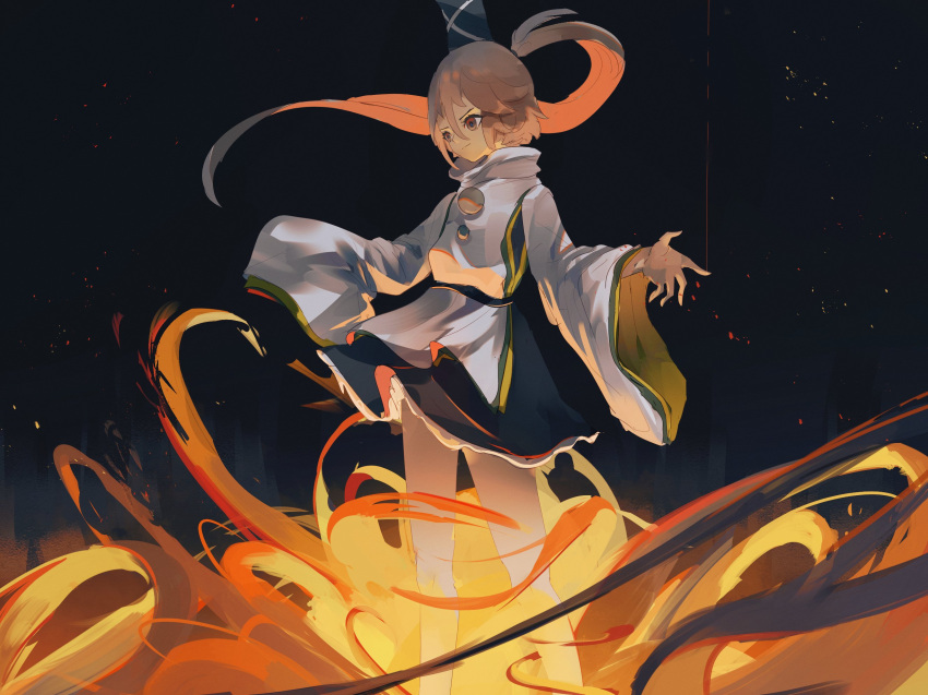 1girl dark_background expressionless fire flame grey_hair hair_between_eyes hat highres japanese_clothes kariginu long_hair long_sleeves mononobe_no_futo naufaldreamer outstretched_arms pom_pom_(clothes) ponytail purple_skirt pyrokinesis ribbon-trimmed_sleeves ribbon_trim short_hair skirt sleeves_past_fingers sleeves_past_wrists solo spread_arms standing tate_eboshi touhou violet_eyes wide_sleeves