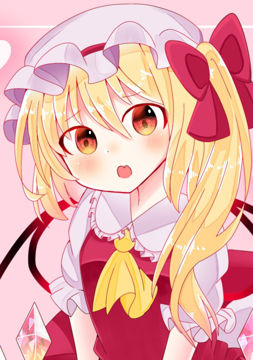 1girl ascot bangs blonde_hair blush bow breasts collared_shirt commentary_request crystal dress eyes_visible_through_hair fang flandre_scarlet frills hair_between_eyes hair_bow hat heart highres jewelry medium_breasts mob_cap multicolored_eyes one_side_up open_mouth pink_background puffy_short_sleeves puffy_sleeves purple_headwear purple_shirt red_bow red_dress red_eyes shiraishikotori shirt short_hair short_sleeves simple_background solo standing touhou wings yellow_ascot yellow_eyes