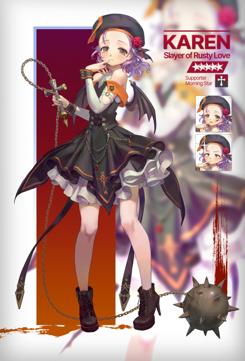 1girl absurdres ball_and_chain_(weapon) black_dress black_footwear corette demon_wings dress elbow_gloves expressions forehead gloves green_eyes high_heels highres holding holding_weapon looking_at_viewer medium_hair original purple_hair solo_focus v-shaped_eyebrows weapon white_gloves wings