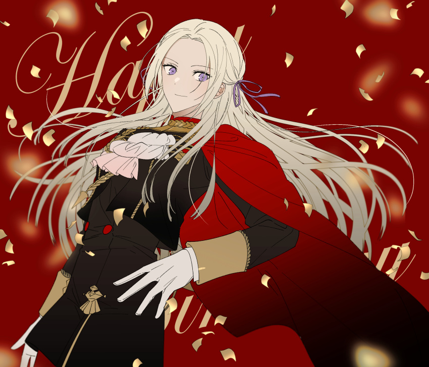 1girl cape closed_mouth edelgard_von_hresvelg fire_emblem fire_emblem:_three_houses garreg_mach_monastery_uniform gloves hair_ornament hair_ribbon highres long_hair long_sleeves looking_at_viewer pantyhose red_cape ribbon simple_background smile solo uniform violet_eyes vo1ez white_hair