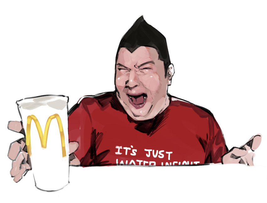 1boy black_hair cup fat highres holding holding_cup looking_at_viewer male_focus mcdonald's nikocado_avocado open_mouth plump real_life red_shirt shirt solo squinting upper_body yourfreakyneighbourh