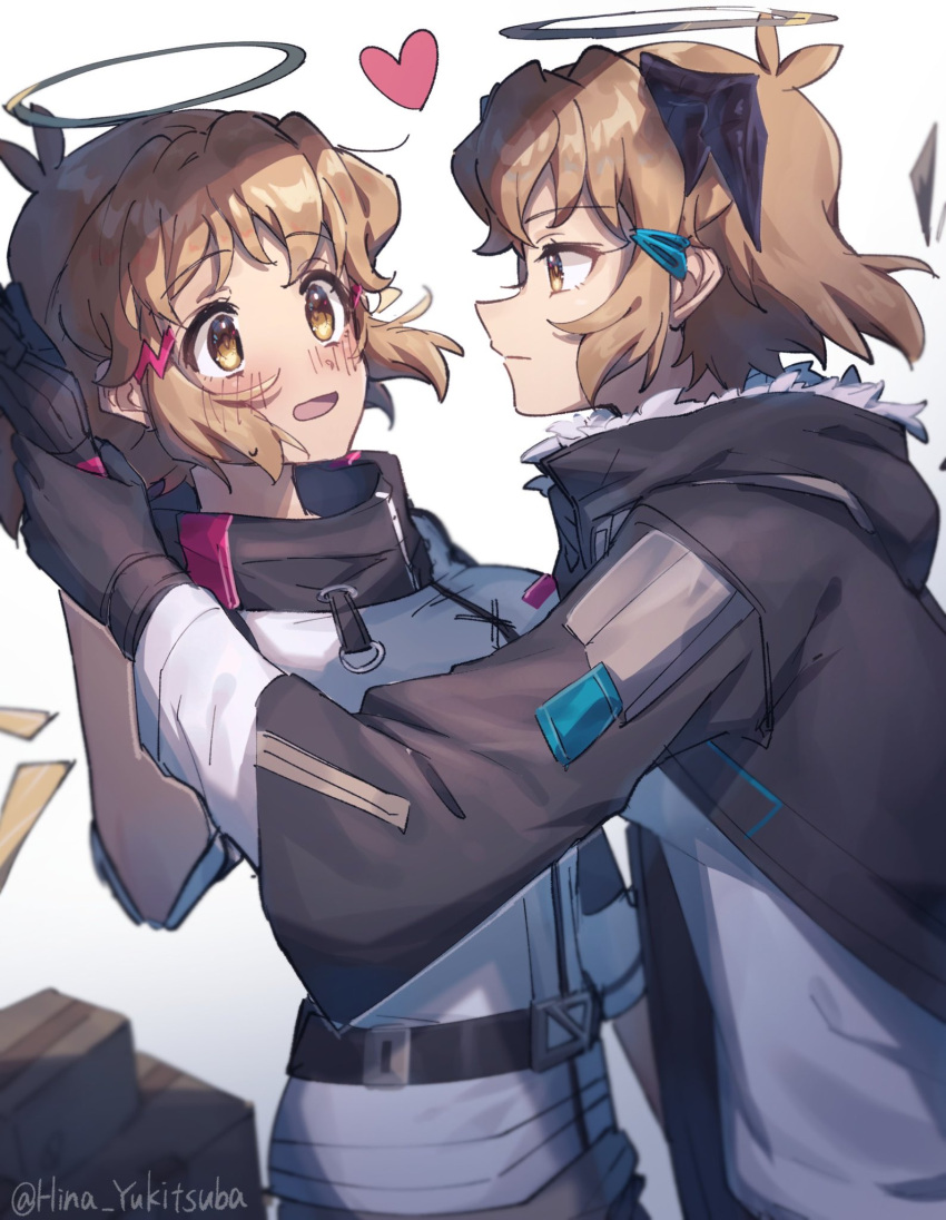 2girls arknights belt black_belt black_jacket blush box breasts brown_eyes brown_hair exusiai_(arknights) fur_trim hair_behind_ear hair_ornament hairclip halo heart highres jacket medium_breasts mostima_(arknights) multiple_girls senki_zesshou_symphogear senki_zesshou_symphogear_xd_unlimited short_hair tachibana_hibiki_(symphogear) tachibana_hibiki_(symphogear)_(another) twitter_username white_background white_jacket yukitsuba_hina yuri