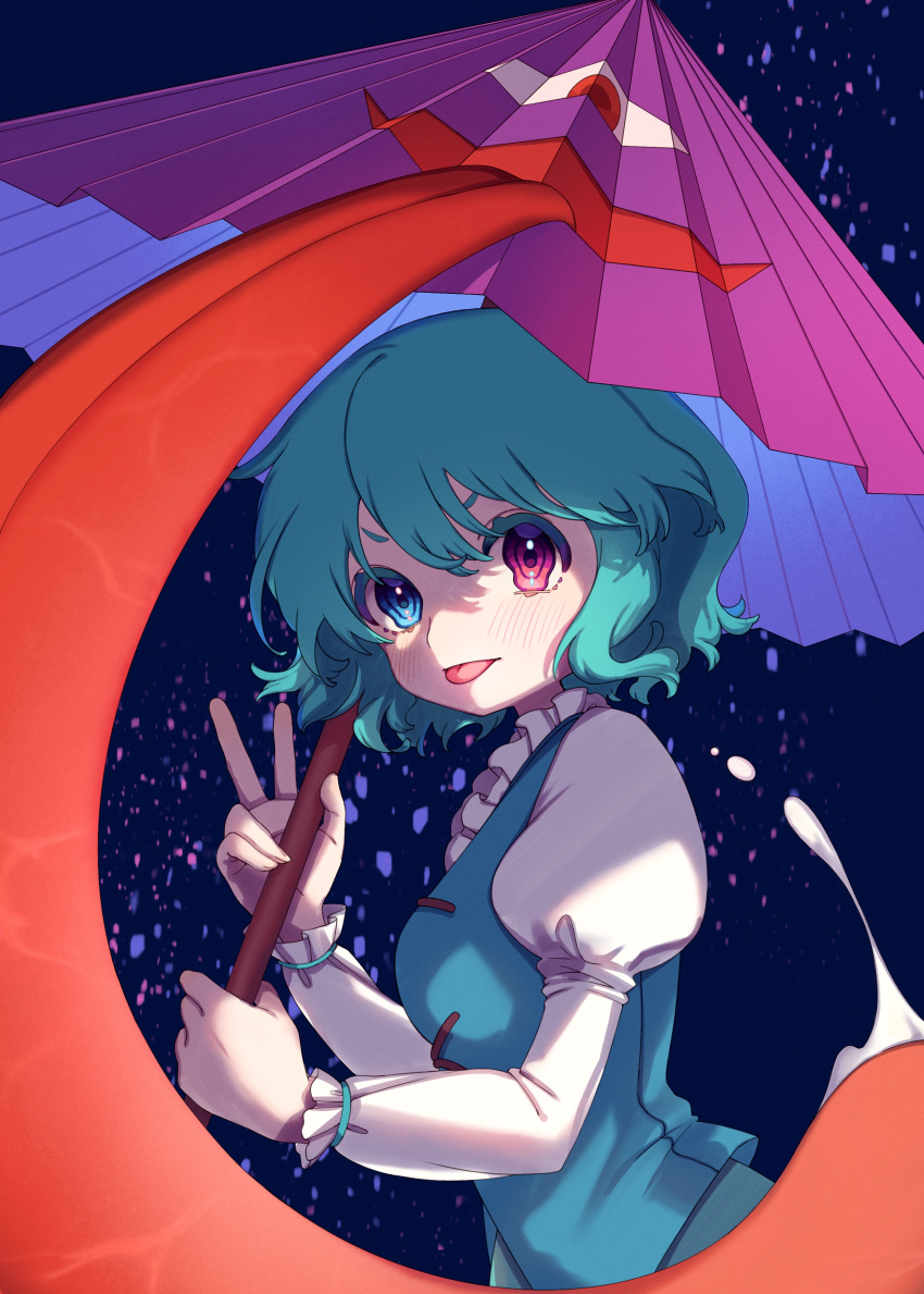 1girl :p absurdres bangs blue_eyes blue_hair blue_vest blush breasts commentary_request cross-laced_clothes e_sdss frilled_shirt_collar frills heterochromia highres holding holding_umbrella juliet_sleeves karakasa_obake long_sleeves looking_at_viewer medium_breasts puffy_sleeves purple_umbrella red_eyes shirt short_hair smile solo tatara_kogasa tongue tongue_out touhou umbrella upper_body v vest white_shirt