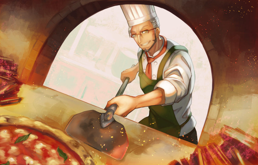 1boy apron arurandeisu barcy beard chef_hat cooking facial_hair food furnace glasses green_apron grey_hair hat holding holostars indoors kitchen looking_at_viewer male_focus necktie peel_(tool) pizza red_necktie shirt short_hair solo upper_body virtual_youtuber white_shirt