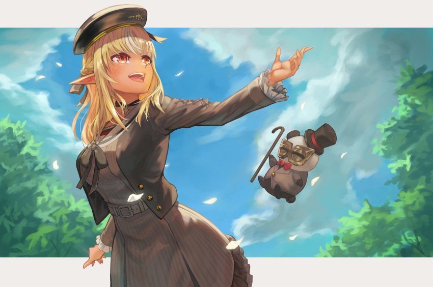 1girl bangs barcy belt black_headwear blonde_hair bow bowtie breasts can dark-skinned_female dark_skin day elf hat highres hololive kintsuba_(shiranui_flare) long_hair outdoors outstretched_hand petals pointy_ears red_bow red_bowtie red_eyes shiranui_flare smile standing top_hat virtual_youtuber
