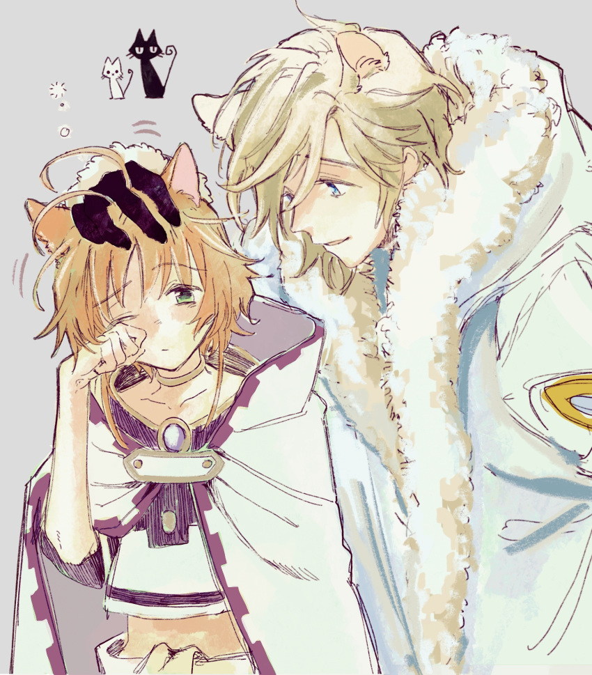 1boy 1girl antenna_hair bangs blonde_hair blue_eyes brown_hair coat collarbone crop_top fai_d._flowright fur-trimmed_coat fur_trim green_eyes grey_background hair_between_eyes highres karen_le_cao kemonomimi_mode midriff one_eye_closed petting sakura_hime short_hair sidelocks sketch sleepy stomach tsubasa_chronicle upper_body white_coat