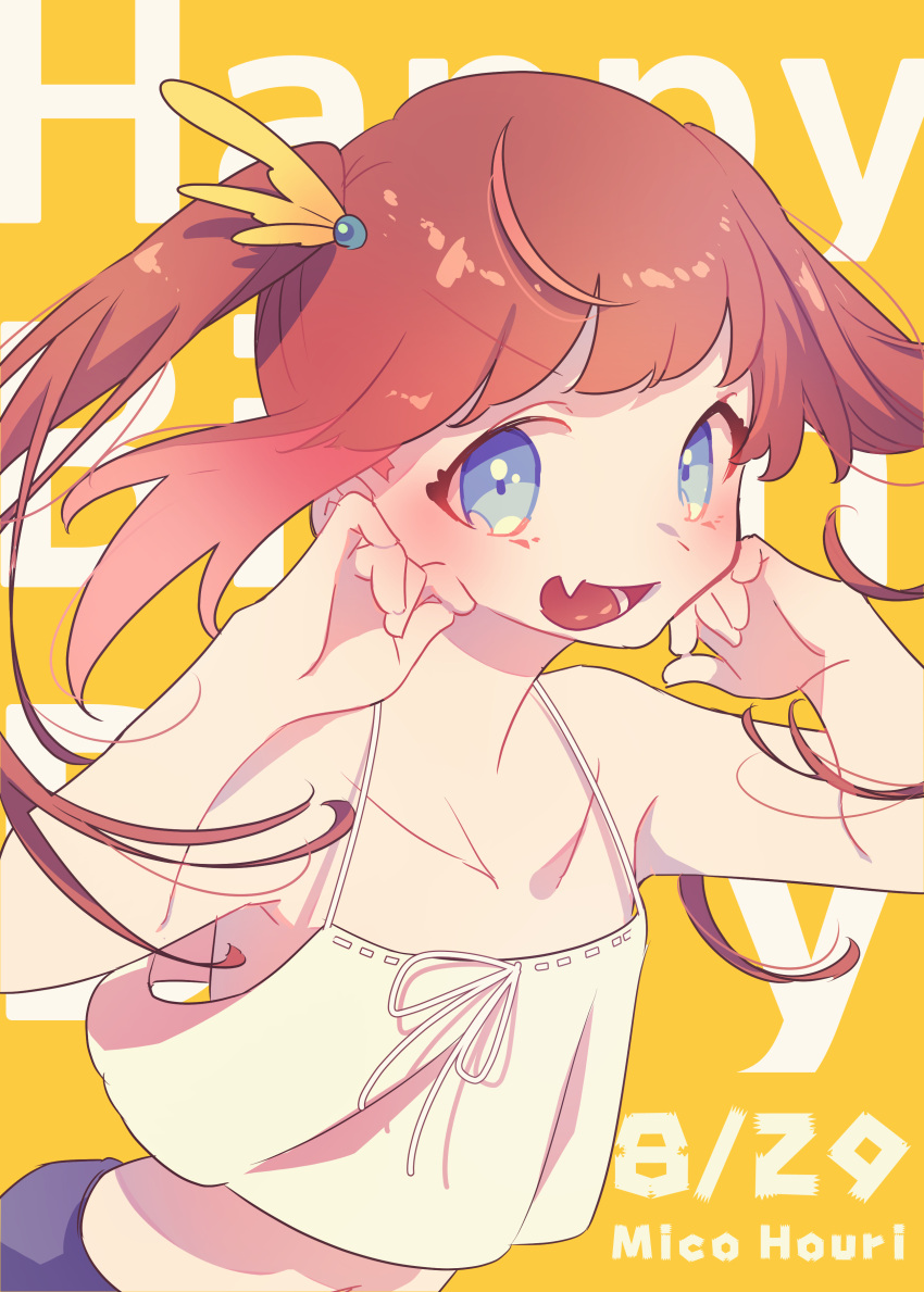 1girl absurdres birthday blue_eyes brown_hair character_name chariki crop_top dated facing_to_the_side fang hair_ornament happy_birthday highres indie_virtual_youtuber long_hair looking_at_viewer looking_to_the_side mico_houri open_mouth smile tank_top twintails virtual_youtuber yellow_background
