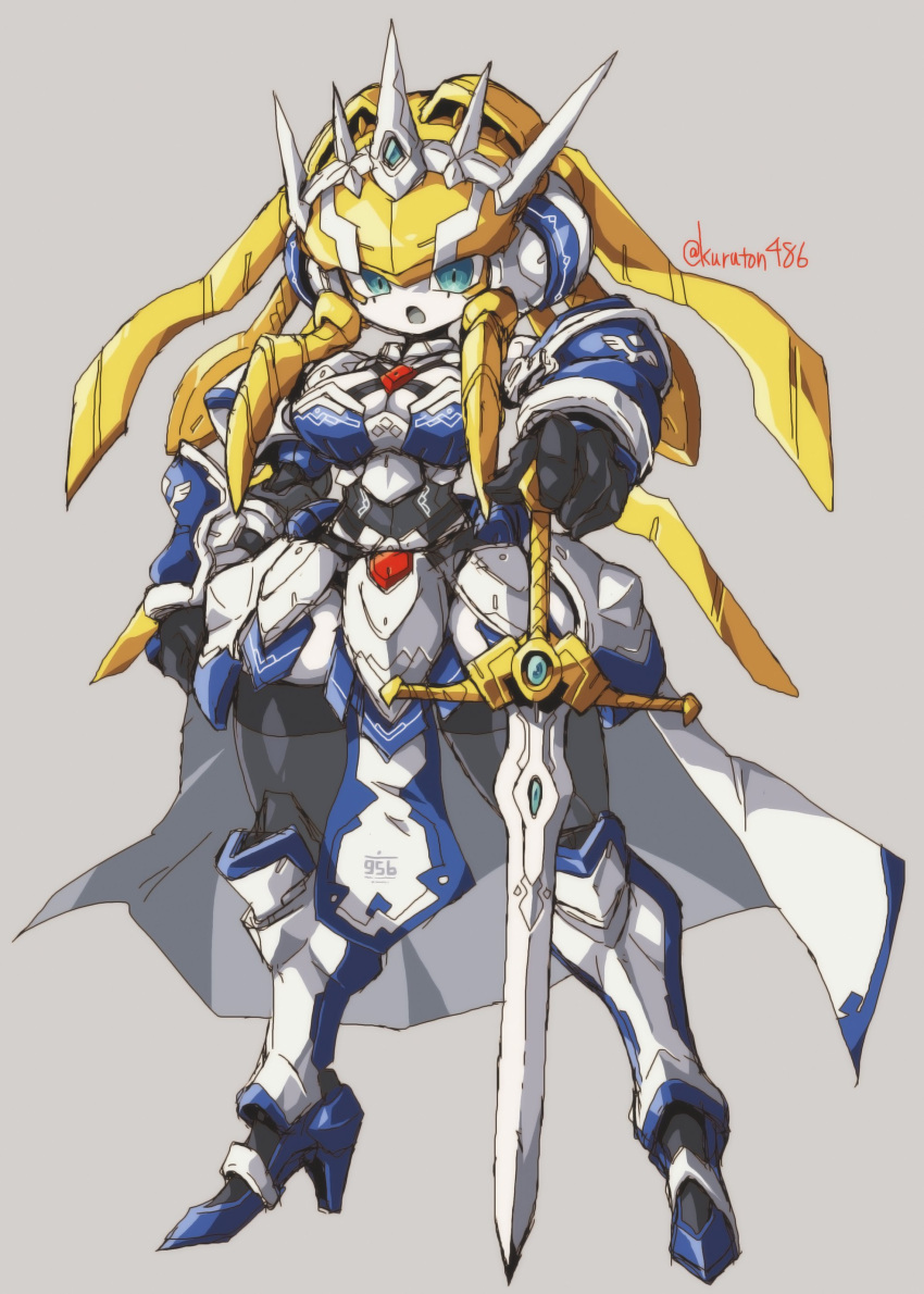 1girl absurdres android blonde_hair blue_eyes breasts grey_background hand_on_hilt highres kuruton486 large_breasts looking_at_viewer metal_skin open_mouth original science_fiction solo standing sword weapon
