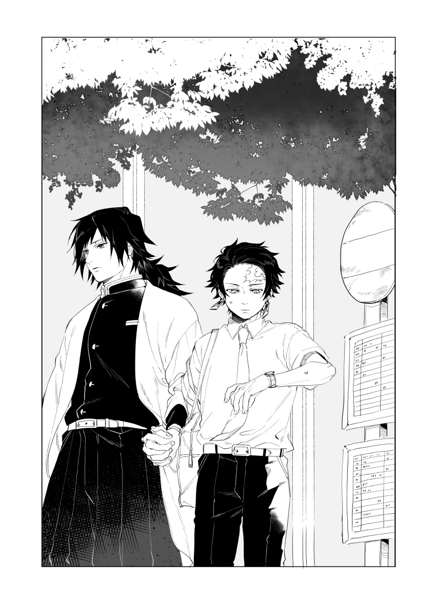 2boys absurdres anachronism bag bangs belt border bus_stop collarbone cowboy_shot day demon_slayer_uniform earrings greyscale haori height_difference highres holding_hands japanese_clothes jewelry kamado_tanjirou kimetsu_no_yaiba long_hair long_sleeves male_focus monochrome multiple_boys necktie outdoors pants plant scar scar_on_face scar_on_forehead school_bag school_uniform shiki_2589 short_hair side-by-side standing sweat tomioka_giyuu watch watch wide_sleeves