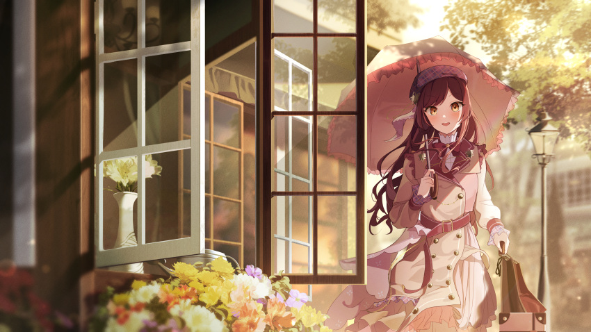 absurdres bag beret blurry blurry_background bow bowtie branch brown_hair building coat commentary_request cowboy_shot dappled_sunlight dress flower hat highres holding holding_bag holding_umbrella idolmaster idolmaster_shiny_colors lamppost leaf long_hair looking_at_viewer odecono3 open_window osaki_amana outdoors parasol scenery suitcase sunlight tree umbrella vase watering_can window yellow_eyes
