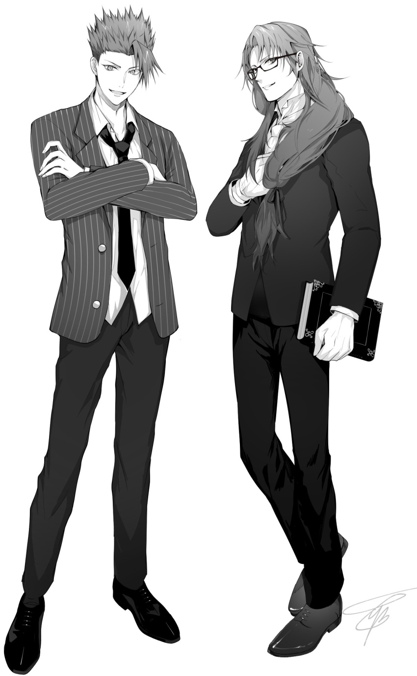 2boys :d achilles_(fate) achilles_(my_student_council)_(fate) bespectacled blazer book chiron_(fate) collared_shirt crossed_arms dress_shoes fate/grand_order fate_(series) formal full_body glasses gloves greyscale hair_behind_ear hair_over_shoulder hair_ribbon hand_on_own_chest highres holding holding_book jacket long_hair looking_at_viewer low-tied_long_hair male_focus monochrome multiple_boys necktie official_alternate_costume open_collar pants parted_lips ribbon shirt short_hair signature simple_background smile spiky_hair striped striped_jacket suit suit_jacket tcb teacher_and_student untucked_shirt vertical-striped_jacket vertical_stripes white_background