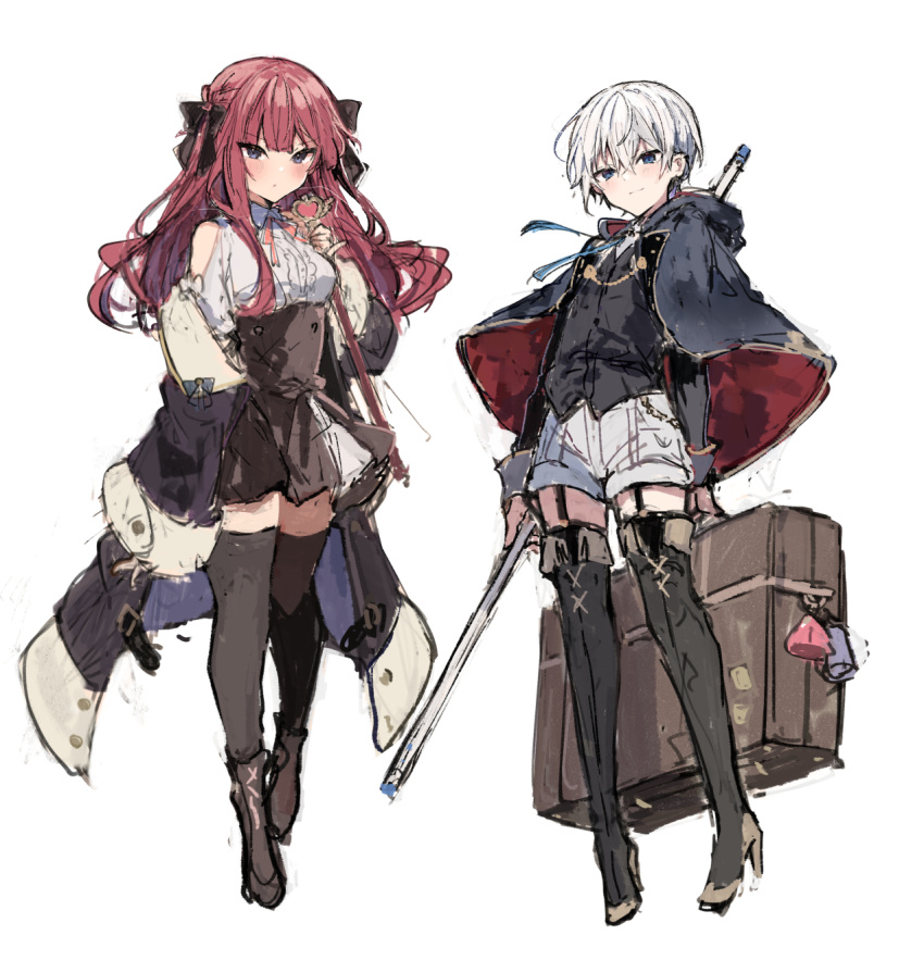 1boy 1girl anna_(ikeuchi_tanuma) black_bow black_cape black_coat black_legwear black_vest blue_eyes blush boots bow brown_footwear brown_skirt cape closed_mouth coat hair_between_eyes hair_bow heart_wand high-waist_skirt high_heel_boots high_heels highres holding holding_staff holding_wand hood hooded_cape ikeuchi_tanuma long_hair looking_at_viewer off_shoulder open_clothes open_coat original red_cape redhead rudy_(ikeuchi_tanuma) shirt short_shorts shorts simple_background sketch skirt sleeves_past_fingers sleeves_past_wrists smile smug staff suitcase thigh-highs thigh_boots two-sided_cape two-sided_fabric vest wand white_background white_hair white_shirt white_shorts