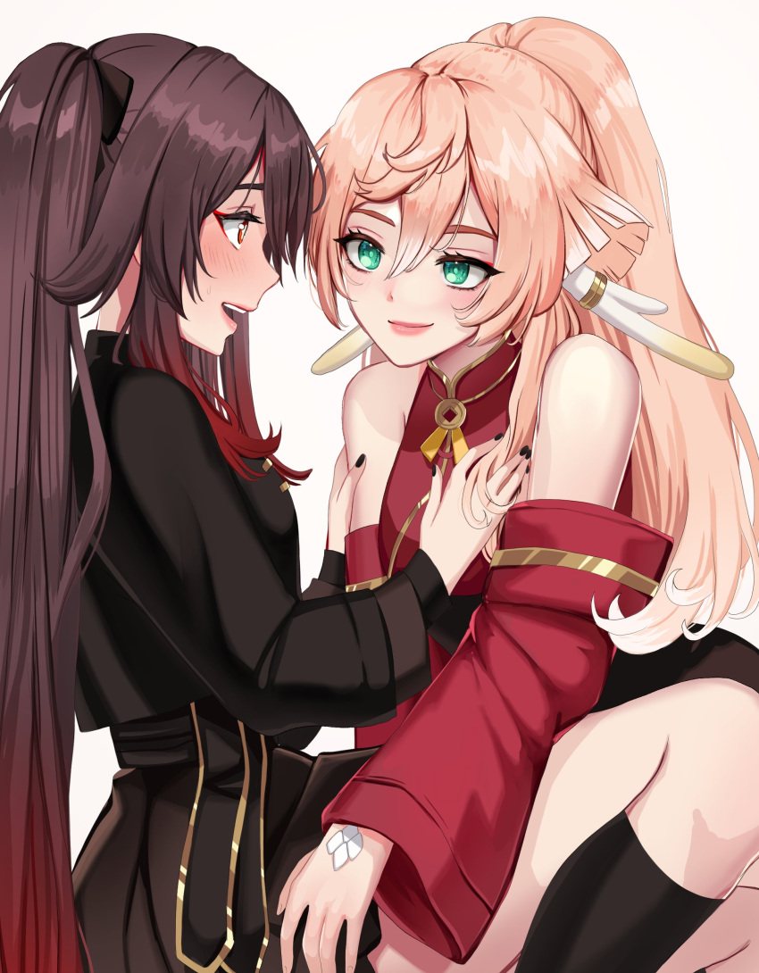 2girls absurdres antlers astertia bangs black_legwear black_nails blush brown_hair closed_mouth coat colored_tips eye_contact flower-shaped_pupils genshin_impact gradient_hair green_eyes hair_between_eyes hand_on_another's_arm highres hu_tao_(genshin_impact) lipstick long_hair looking_at_another makeup multicolored_hair multiple_girls nail_polish open_mouth pink_hair red_eyes scales simple_background socks symbol-shaped_pupils teeth twintails white_background yanfei_(genshin_impact) yuri
