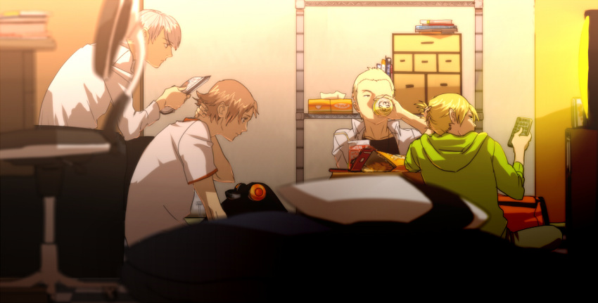 bedroom blonde_hair blurry brown_hair depth_of_field drinking grey_hair hanamura_yousuke koredemoka kuma_(persona_4) multiple_boys narukami_yuu persona persona_4 seta_souji tatsumi_kanji tissue_box watching_television