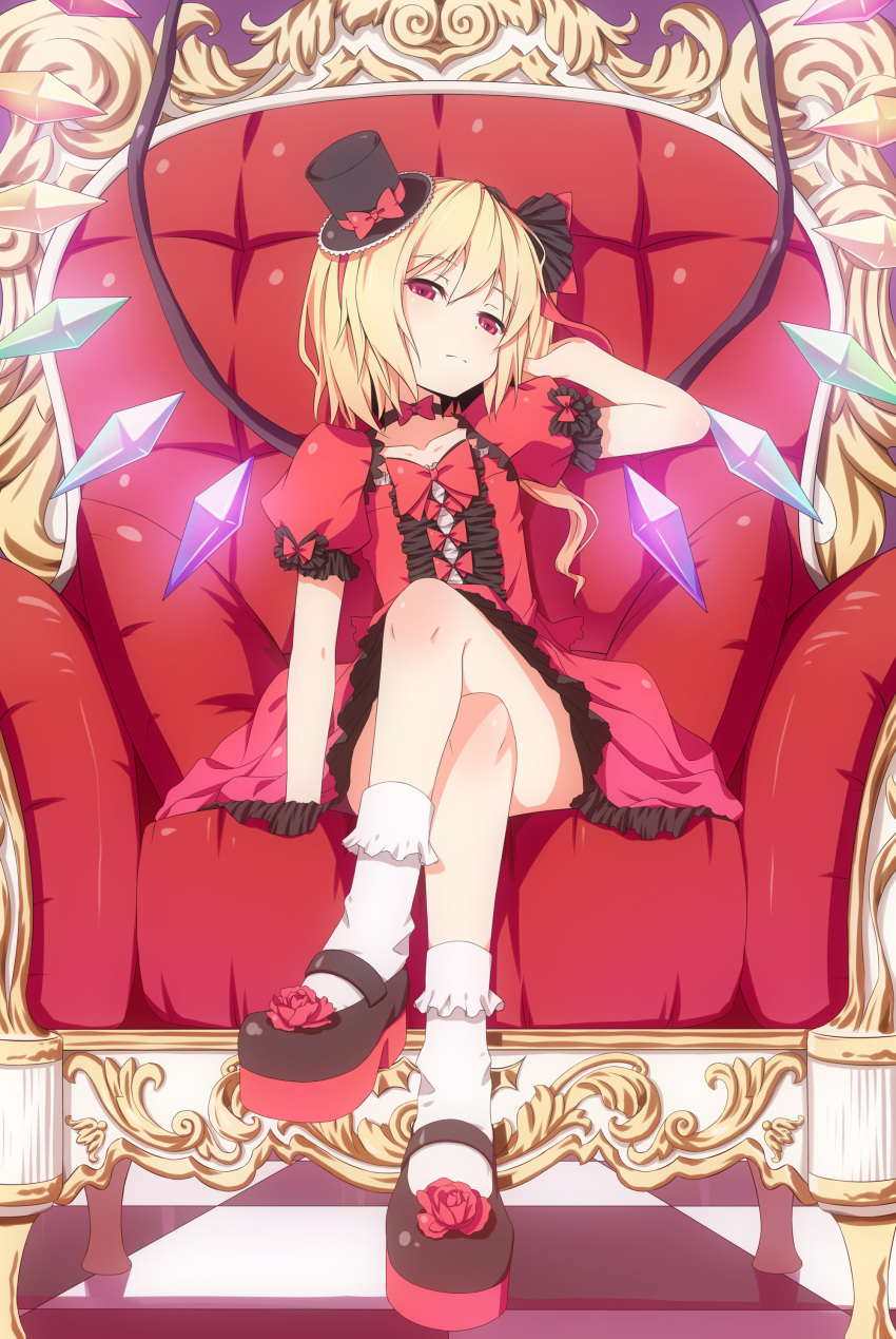 adjusting_hair armchair blonde_hair bobby_socks chair checkered checkered_floor crossed_legs d2c dress flandre_scarlet gothic_lolita hat highres legs_crossed lolita_fashion mary_janes mini_top_hat ponytail red_eyes shoes short_hair side_ponytail sitting socks solo top_hat touhou wings