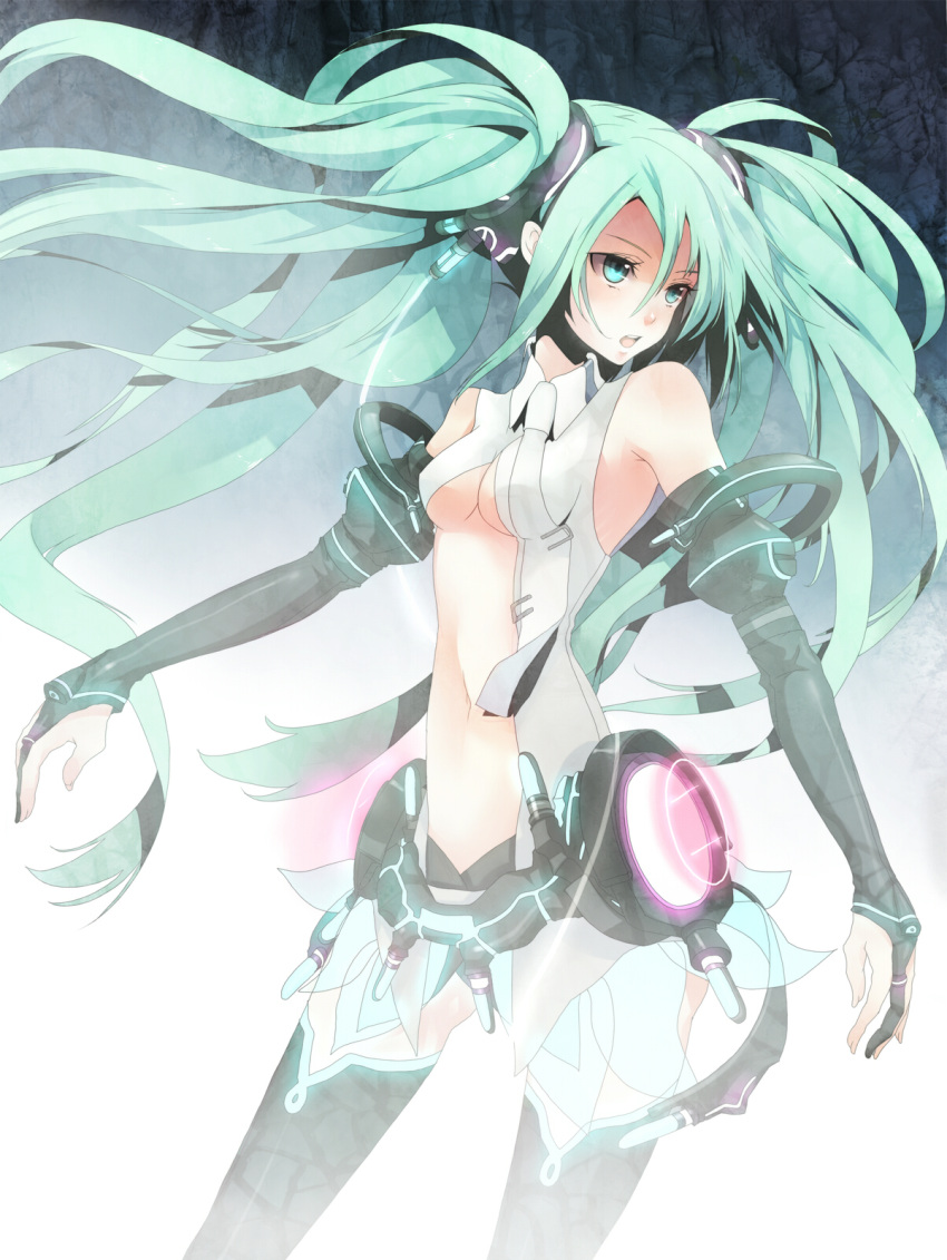 aqua_eyes aqua_hair bare_shoulders bridal_gauntlets center_opening detached_sleeves hatsune_miku hatsune_miku_(append) highres long_hair miku_append navel neon_trim plastick solo twintails vocaloid vocaloid_append