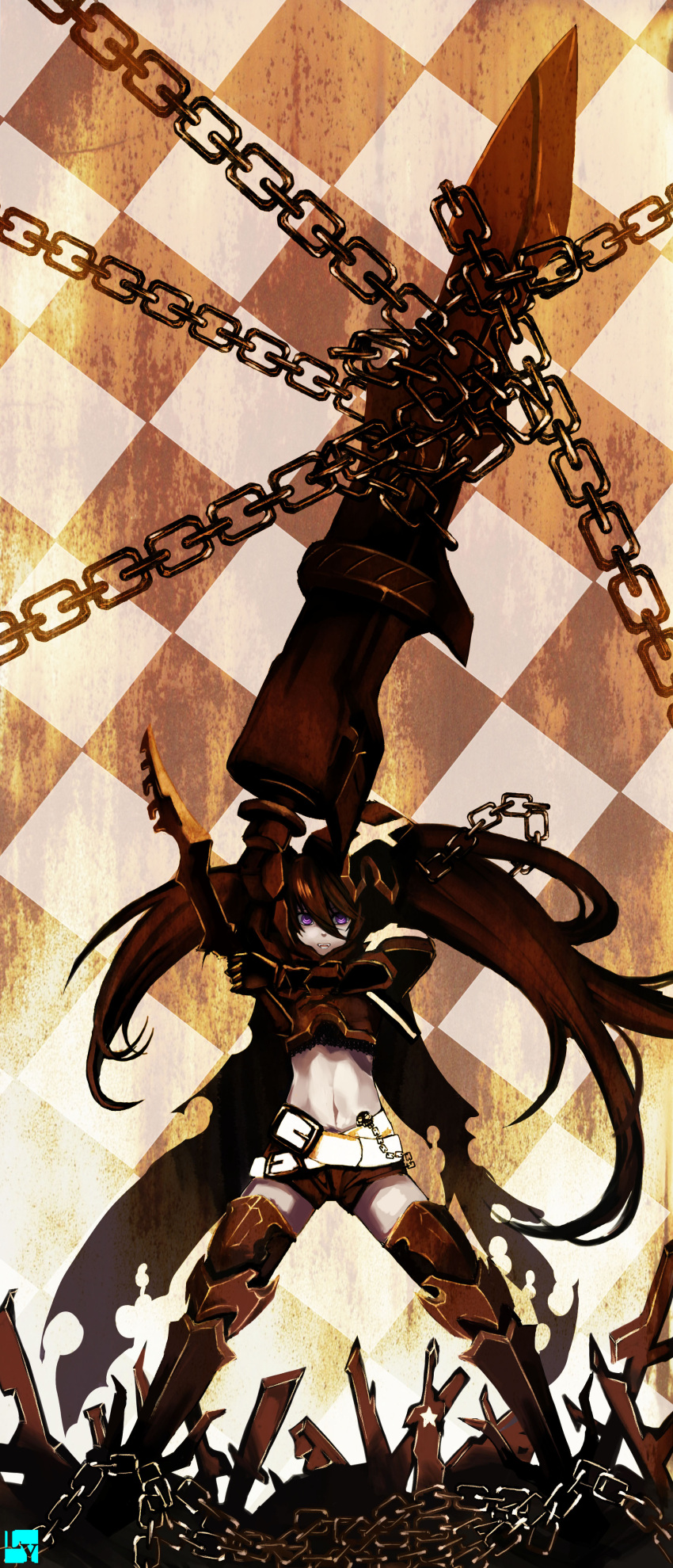 armor belt beltskirt black_hair black_rock_shooter boots chain chains checkered checkered_background gauntlets greaves highres huge_weapon insane_black_rock_shooter long_hair long_image midriff nanaya_(daaijianglin) pale_skin purple_eyes shorts solo sword thigh-highs thighhighs twintails uneven_twintails violet_eyes weapon
