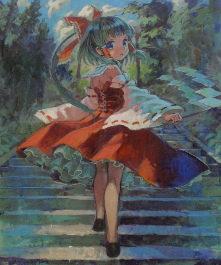 absurdres acrylic_paint_(medium) adapted_costume ama-tou back bare_back bare_shoulders black_hair blue_eyes bow corset detached_sleeves gohei hair_bow hakurei_reimu highres long_hair petticoat ponytail solo stairs touhou traditional_media wide_sleeves