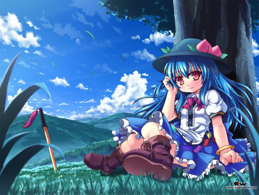 against_tree boots bracelet cloud etogami_kazuya grass hat highres hill hinanawi_tenshi jewelry landscape looking_at_viewer meadow nature scenery sitting sky smile sword sword_of_hisou touhou tree wallpaper weapon wind