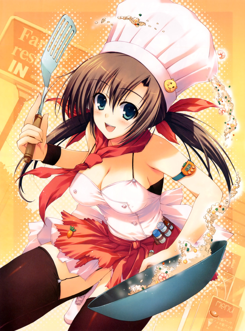 blue_eyes breasts brown_hair chef chef_hat cleavage frying_pan hair_ribbon hat highres large_breasts leaning_forward ponytail ribbon rice scarf smile spatula thigh-highs thighhighs tomose_shunsaku