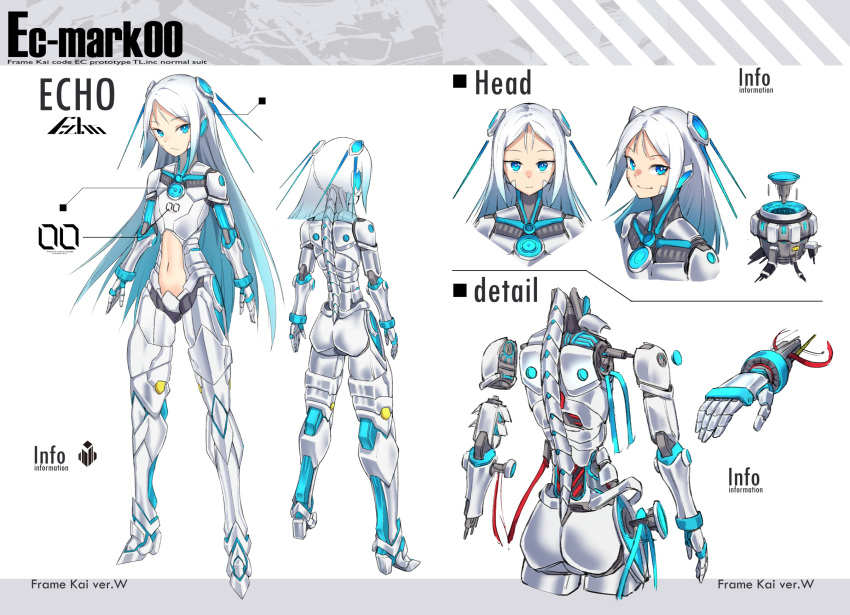 1girl android aqua_hair arms_at_sides blue_eyes bright_pupils cable character_sheet english_text expressionless eyebrows_visible_through_hair flat_chest gradient_hair headgear highres looking_at_viewer multicolored_hair multiple_views navel original parts_exposed robot_ears robot_joints sawawse science_fiction smile white_hair white_pupils