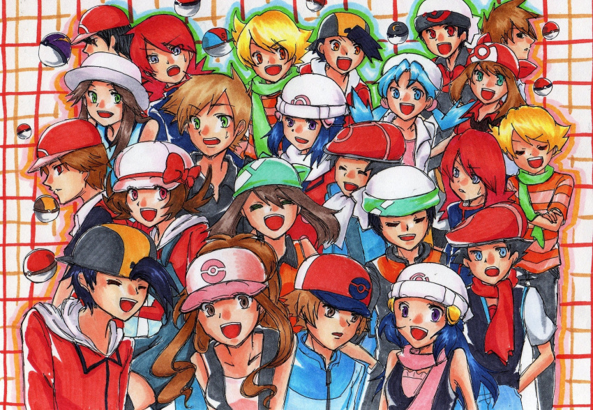 14boys 8girls absolutely_everyone antenna_hair backwards_hat bandana bare_shoulders baseball_cap beret black_hair blond_hair blonde_hair blue_eyes blue_hair bow brown_eyes brown_hair cabbie_hat cap closed_eyes coat crossed_arms crystal_(pokemon) dual_persona everyone gold_(pokemon) green_eyes grin group hair_ornament hand_in_pocket hat headband high_ponytail hikari_(pokemon) hikari_(pokemon)_(remake) hoodie jun_(pokemon) jun_(pokemon)_(remake) kotone_(pokemon) kouki_(pokemon) kouki_(pokemon)_(remake) leaf_(pokemon) long_hair long_sleeves male multiple_boys multiple_girls nintendo odamaki_sapphire open_mouth overalls pearl_(pokemon) poke_ball pokemon pokemon_(game) pokemon_black_and_white pokemon_firered_and_leafgreen pokemon_heartgold_and_soulsilver ponytail popped_collar porkpie_hat red_eyes redhead ruby_(pokemon) scarf short_hair short_sleeves silver_(pokemon) smile spiky_hair sweatdrop thigh-highs touko_(pokemon) touya_(pokemon) twintails vest violet_eyes white_thighhighs yellow_eyes zettai_ryouiki zipper