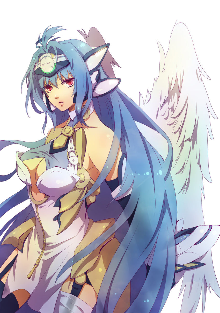 ahoge android angel_wings bare_shoulders blue_hair breasts cleavage dress elbow_gloves garters gloves highres kos-mos long_hair red_eyes senano-yu solo thigh-highs thighhighs under_boob underboob very_long_hair wings xenosaga xenosaga_episode_iii zipper