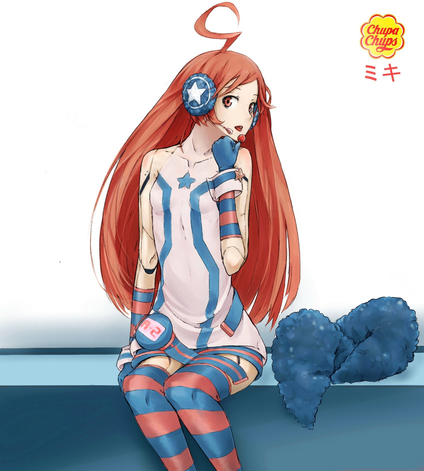 ahoge android bad_id candy chupa_chups earmuffs gloves headphones headset highres kneehighs lollipop long_hair miki_(vocaloid) product_placement red_eyes red_hair redhead robot_joints sf-a2_miki sitting socks solo striped striped_gloves striped_kneehighs striped_legwear thigh-highs thighhighs tongue vl vocaloid zettai_ryouiki