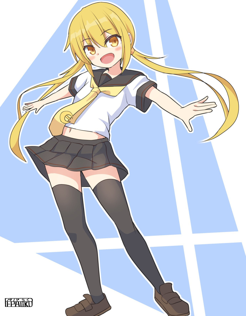 artist_logo black_legwear blonde_hair crescent crescent_pin highres kantai_collection long_hair navel pepatiku pleated_skirt sailor_collar satsuki_(kancolle) school_uniform serafuku skirt smile thigh-highs twintails yellow_eyes zettai_ryouiki