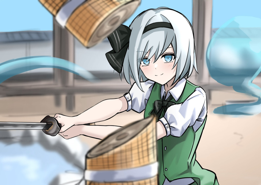 1girl bangs black_hairband blue_eyes blurry blurry_background closed_mouth cutting ghost green_vest grey_hair hairband highres holding holding_sword holding_weapon konpaku_youmu konpaku_youmu_(ghost) looking_at_viewer ramiki shirt short_hair short_sleeves smile solo sword touhou upper_body vest weapon white_shirt