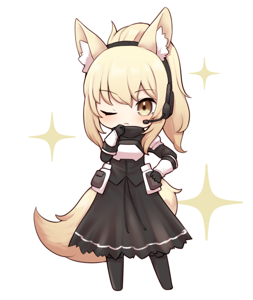 1girl animal_ear_fluff animal_ears arknights armor bangs black_dress black_footwear black_gloves blonde_hair blush boots breastplate chibi commentary_request dress full_body gloves headphones highres horse_ears kinakonato long_hair looking_at_viewer nearl_(arknights) one_eye_closed ponytail shoulder_armor simple_background solo standing white_background yellow_eyes