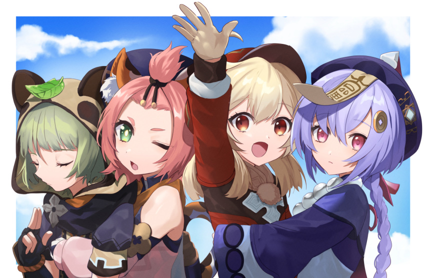 4girls ahoge animal_ears arm_up bangs bangs_pinned_back black_skirt blue_sky braid cabbie_hat cat_ears cat_girl chinese_clothes clouds cloudy_sky clover_print commentary_request diona_(genshin_impact) enoki_hatoko fingerless_gloves forehead from_side genshin_impact gloves green_eyes green_hair hair_between_eyes hair_ribbon hat hat_ornament hug hug_from_behind japanese_clothes jiangshi klee_(genshin_impact) kuji-in leaf leaf_on_head light_smile long_hair long_sleeves looking_at_viewer looking_to_the_side low_ponytail low_twintails multiple_girls ninja orange_eyes pink_hair pointy_ears purple_hair qing_guanmao qiqi_(genshin_impact) ribbon sayu_(genshin_impact) short_hair sidelocks single_braid skirt sky thick_eyebrows twintails violet_eyes vision_(genshin_impact) waving
